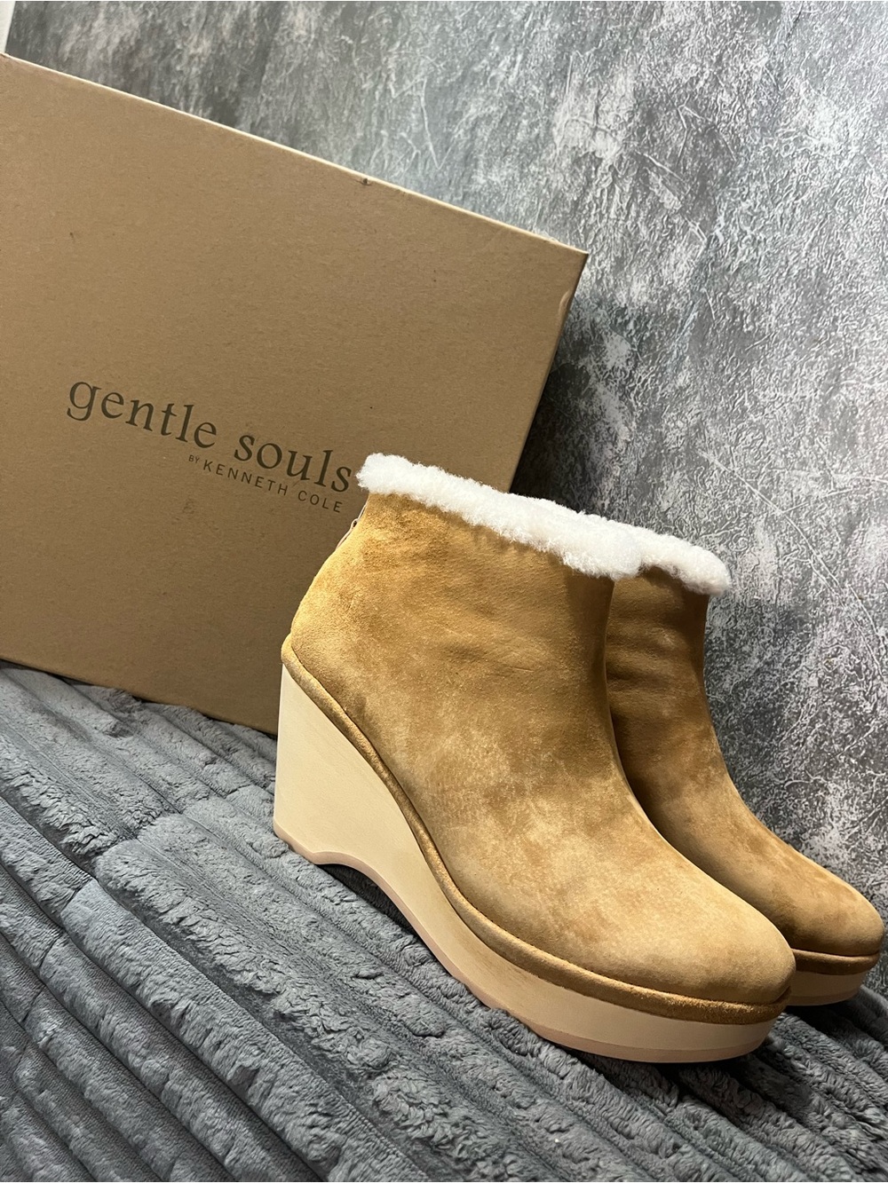 gentle souls Tan Suede Leather Platform Wedge Ankle Booties with White Shearling